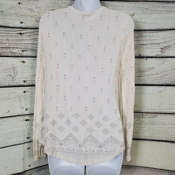 Lucky Brand White Boho Peasant Blouse Women’s Small Tassel Tie Long Sleeve - Picture 4 of 7